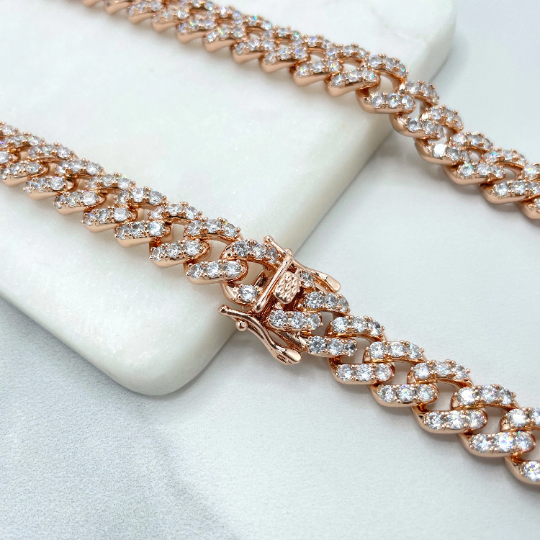 14K Rose Gold Filled 11mm Iced Miami Cuban Chain Featuring Double Safety Lock Box Cubic Zirconia, Chain or Bracelet