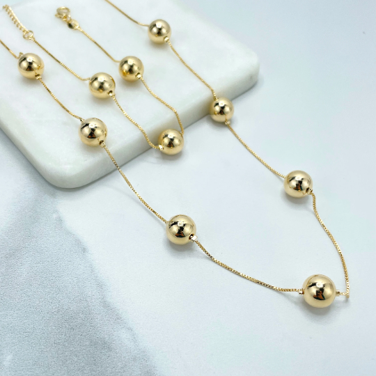 18k Gold Filled 1mm Box Chain & 10mm Gold Beads Linked Chain Necklace or Bracelet Set