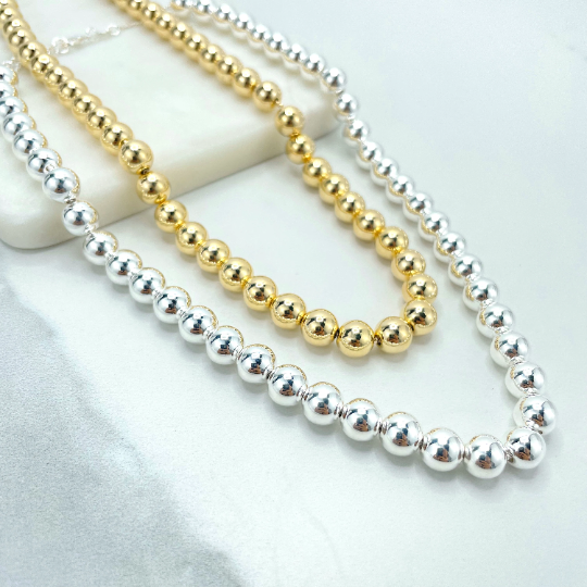 18k Gold Filled or Silver Filled 8mm Beaded Chain Necklace, 1mm Box Chain & Lobster Claw