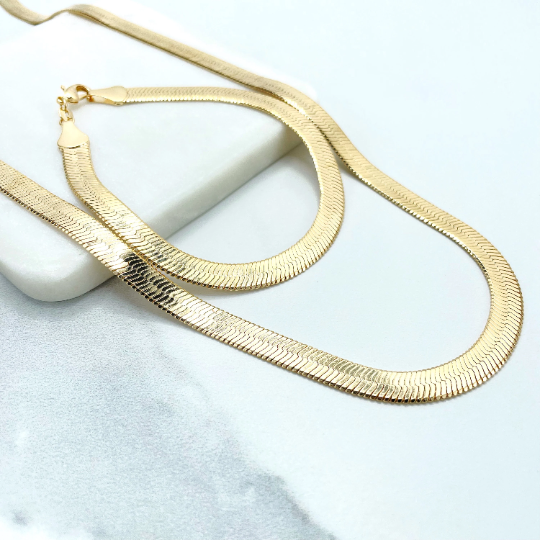 18k Gold Filled 7mm Herringbone, Snake Chain Necklace or Bracelet Set