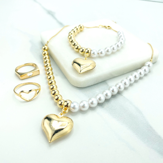 18k Gold Filled Pearls Beads & Gold Beads Link with Puff Heart Charm Necklace, Bracelet, Cutout Heart Ring, or Id Style Heart Ring