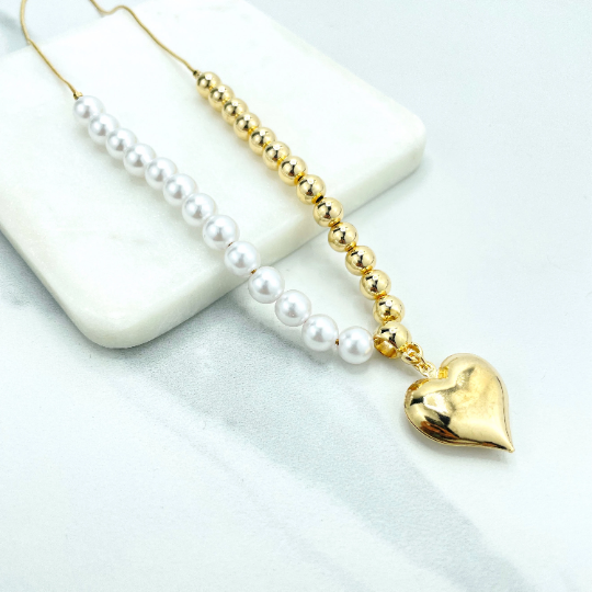 18k Gold Filled Pearls Beads & Gold Beads Link with Puff Heart Charm Necklace, Bracelet, Cutout Heart Ring, or Id Style Heart Ring