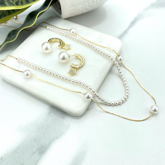 18k Gold Filled Pearls Double Necklace or Pearl CZ Star Ear Climber Stud Earrings