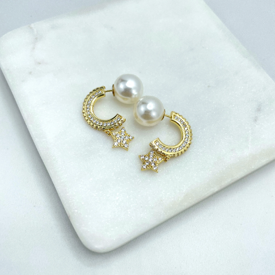 18k Gold Filled Pearls Double Necklace or Pearl CZ Star Ear Climber Stud Earrings