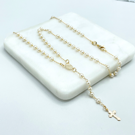 18k Gold Filled Pearls Linked Rosary Necklace La Milagrosa, Miraculous Virgin Necklace