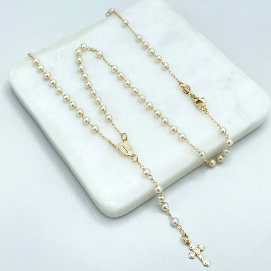 18k Gold Filled Pearls Linked Rosary Necklace La Milagrosa, Miraculous Virgin Necklace