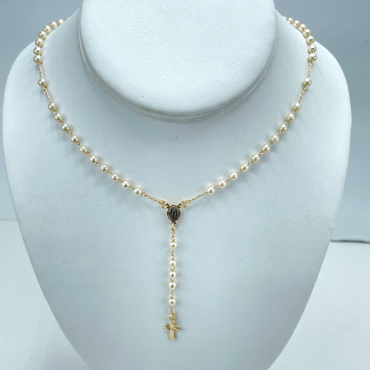 18k Gold Filled Pearls Linked Rosary Necklace La Milagrosa, Miraculous Virgin Necklace