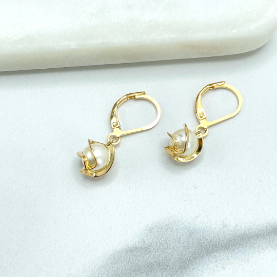 18k Gold Filled Pearl with Gold Waves Hoop Huggie Earrings, Pearl Drop Dangle Earrings