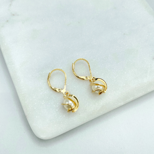 18k Gold Filled Pearl with Gold Waves Hoop Huggie Earrings, Pearl Drop Dangle Earrings