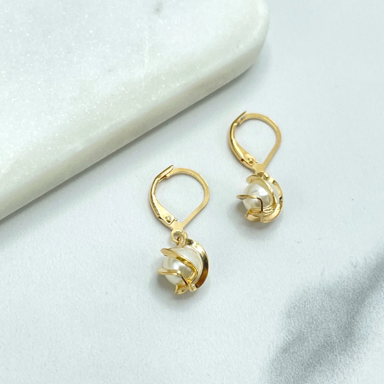 18k Gold Filled Pearl with Gold Waves Hoop Huggie Earrings, Pearl Drop Dangle Earrings