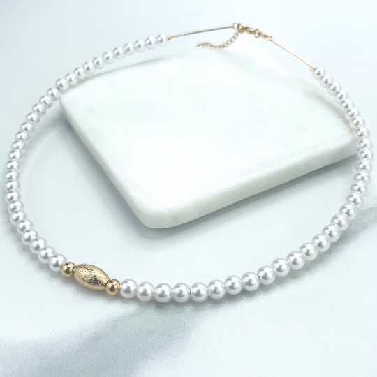 18k Gold Filled Simulated Pearls with Gold Beads on Front Choker Necklace