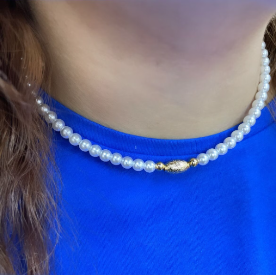 18k Gold Filled Simulated Pearls with Gold Beads on Front Choker Necklace, with Extender, Wholesale