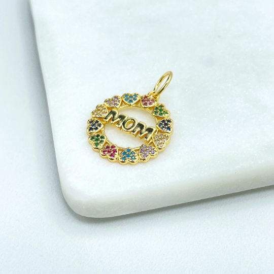 18k Gold Filled Colored Colorful Micro Pave Cubic Zirconia Hearts & Mom Circle Medal Charm Pendant, Wholesale