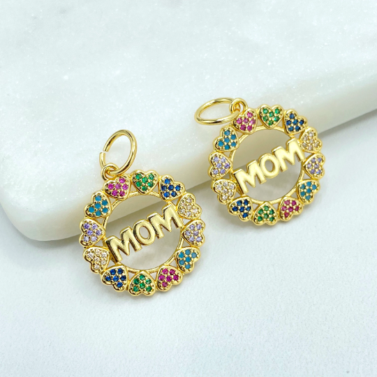 18k Gold Filled Colored Colorful Micro Pave Cubic Zirconia Hearts & Mom Circle Medal Charm Pendant, Wholesale