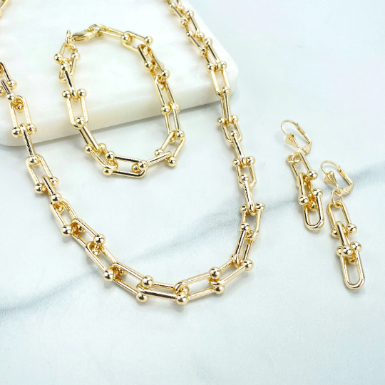 18k Gold Filled Ball U Link Chain, Bead Rectangle Paperclip Link Chain, Bracelet or Dangle Drop Earrings SET, Wholesale
