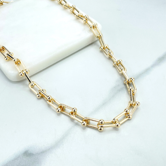 18k Gold Filled Ball U Link Chain, Bead Rectangle Paperclip Link Chain, Bracelet or Dangle Drop Earrings SET, Wholesale