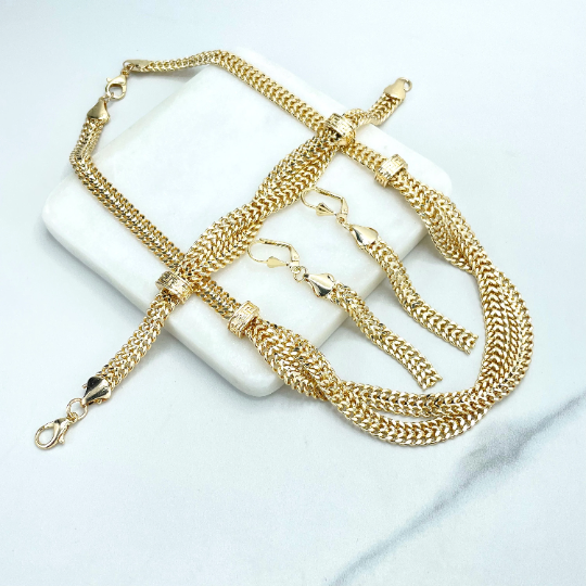 18k Gold Filled 7mm Specialty Chain Twisted Double Layered Front Necklace, Bracelet & Earrings SET, Wholesale