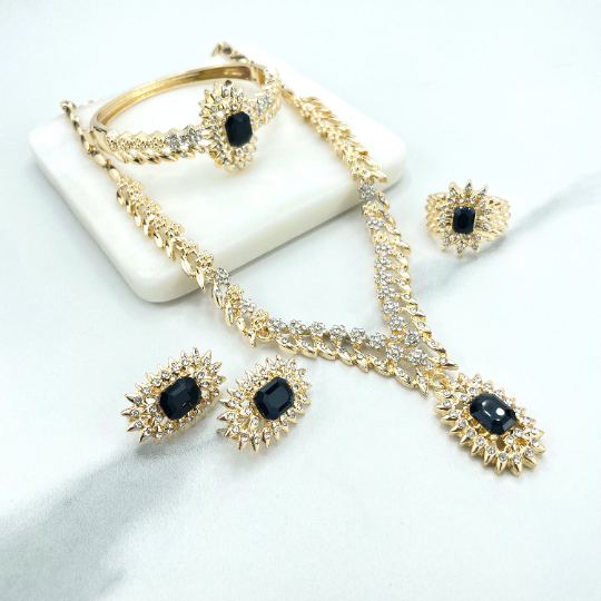 18k Gold Filled Micro Cubic Zirconia Details Speciality Chain with Black Stone Necklace, Bracelet, Earrings & Ring SET, Wholesale
