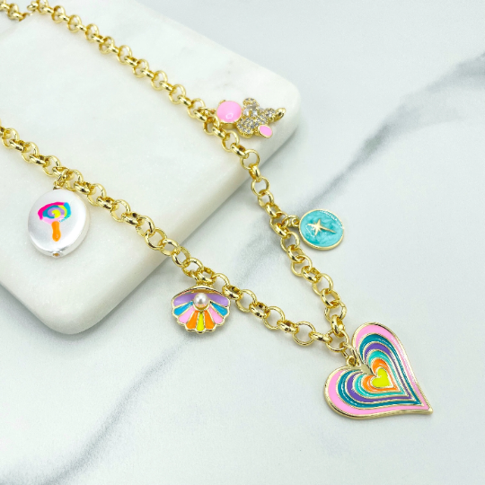 18k Gold Filled 6mm Rolo Chain & Colorful Enamel Cute Charms, Heart, Shell, CZ Teddy Bear, Guiding Star, Lollipop, Wholesale
