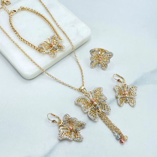 18k Gold Filled Rolo Chain Tri Tone Butterfly Charms Set, Necklace, Bracelet, Earrings & Ring, Wholesale