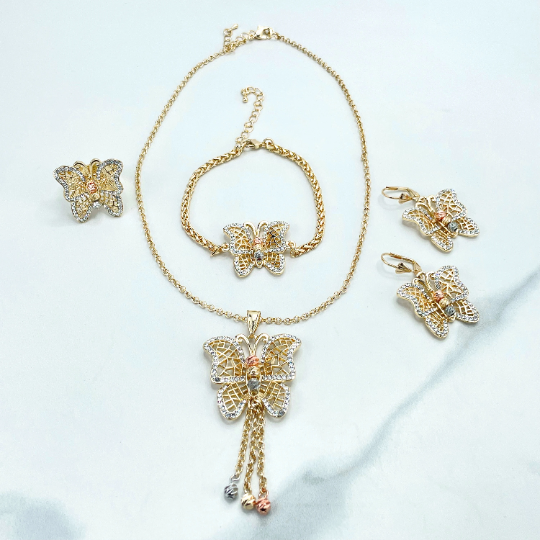 18k Gold Filled Rolo Chain Tri Tone Butterfly Charms Set, Necklace, Bracelet, Earrings & Ring, Wholesale