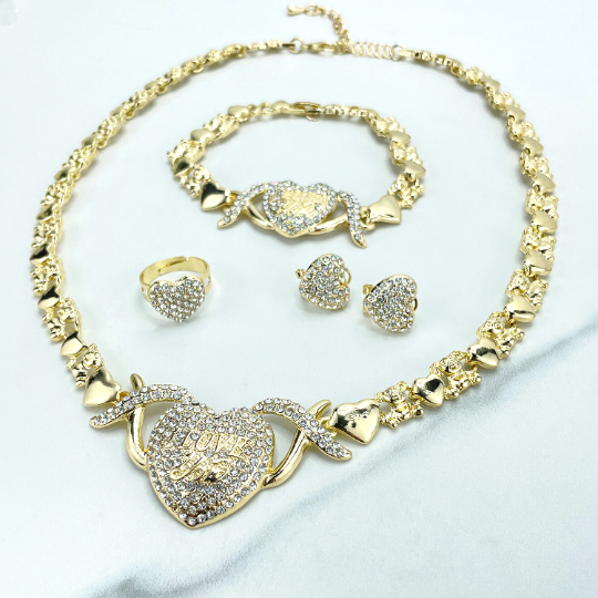 18k Gold Filled "I Love You" CZ Heart Charms, XoXo and Teddy Bear Linked Chain Set