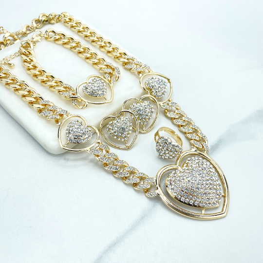 18k Gold Filled Iced Curb Link Chain with CZ Heart Charms Set