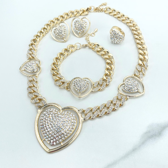 18k Gold Filled Iced Curb Link Chain with CZ Heart Charms Set, Necklace, Bracelet, Earrings & Ring, Wholesale