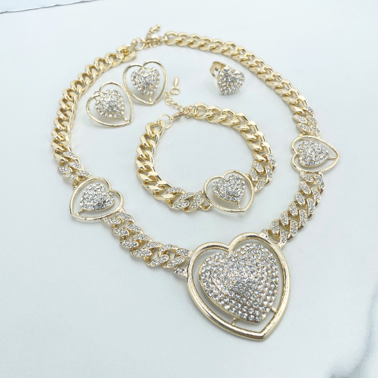 18k Gold Filled Iced Curb Link Chain with CZ Heart Charms Set