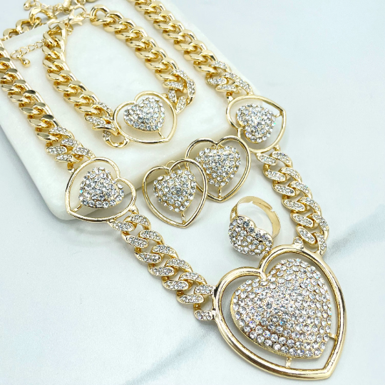 18k Gold Filled Iced Curb Link Chain with CZ Heart Charms Set, Necklace, Bracelet, Earrings & Ring, Wholesale