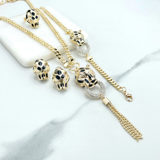 18k Gold Filled Flat Curb Link & Black Enamel CZ Tiger Jaguar Charms Set, Necklace, Bracelet, Earrings and Ring, Wholesale