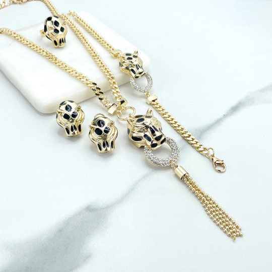 18k Gold Filled Flat Curb Link & Black Enamel CZ Tiger Jaguar Charms Set, Necklace