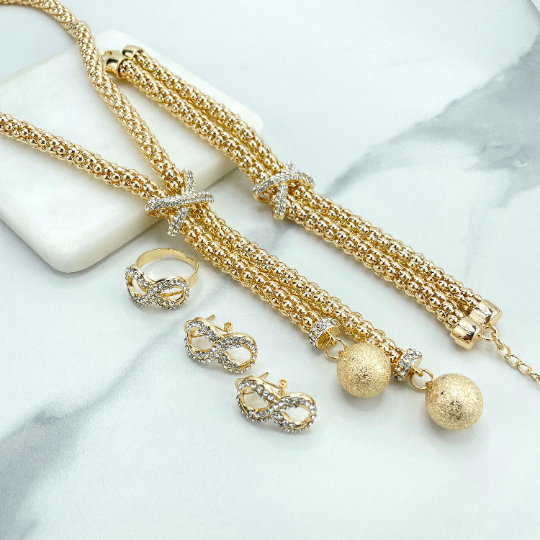 18k Gold Filled Popcorn Chain & CZ Crisscross, CZ Infinity Charms Set, Necklace, Bracelet, Earrings and Ring, Wholesale