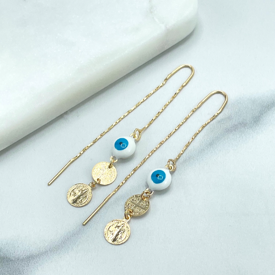 18k Gold Filled Saint Benedict, San Benito Medal & White Blue Evil Eye Drop