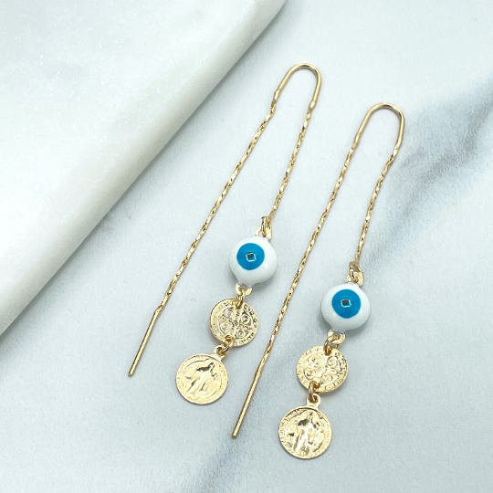18k Gold Filled Saint Benedict, San Benito Medal & White Blue Evil Eye Drop Threader Earrings, Wholesale