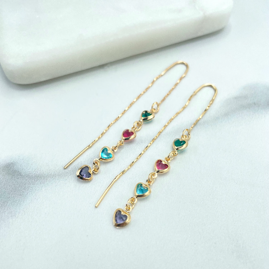 18k Gold Filled Multicolor Colorful Hearts Shape Drop Threader Earrings
