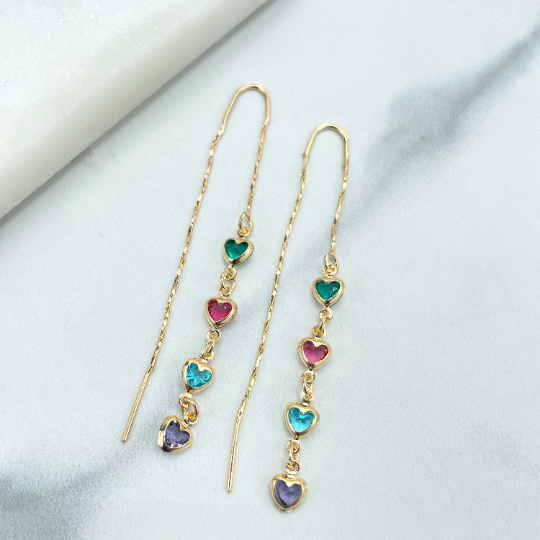 18k Gold Filled Multicolor Colorful Hearts Shape Drop Threader Earrings, Wholesale