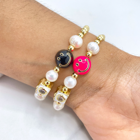 18k Gold Filled Gold Beads & Simulated Pearls Adjustable Bracelet with Colored Enamel Happy Face and CZ Photographic Camera Charms, Wholesale