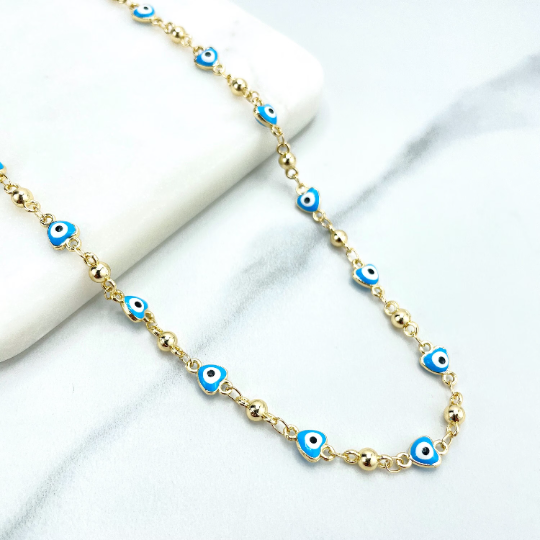 18k Gold Filled Gold Beads & Heart Shape Blue Evil Eyes Linked Necklace, Lucky and Protection Chain, Wholesale