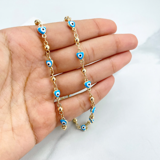 18k Gold Filled Gold Beads & Heart Shape Blue Evil Eyes Linked Necklace, Lucky and Protection Chain, Wholesale