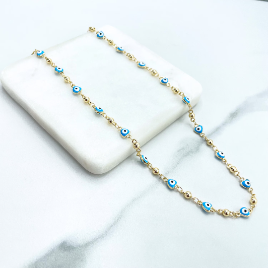 18k Gold Filled Gold Beads & Heart Shape Blue Evil Eyes Linked Necklace, Lucky and Protection Chain, Wholesale