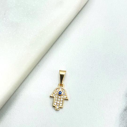 18k Gold Filled Clear Micro Cubic Zirconia & Blue CZ Hamsa Hand Shape Petite Charm, Wholesale