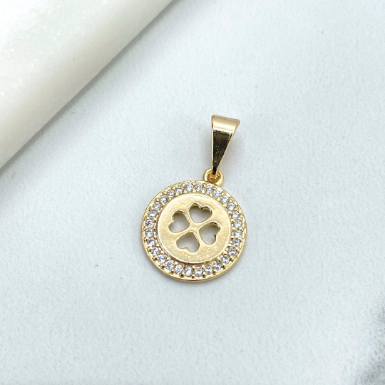 18k Gold Filled Cutout Clover with Clear Micro Cubic Zirconia Medal Coin Charm, Wholesale