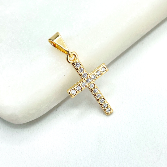 18k Gold Filled Clear Micro Cubic Zirconia Cross Shape Petite Charm, Religious Pendant, Wholesale