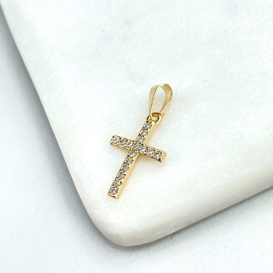 18k Gold Filled Clear Micro Cubic Zirconia Cross Shape Petite Charm, Religious Pendant, Wholesale