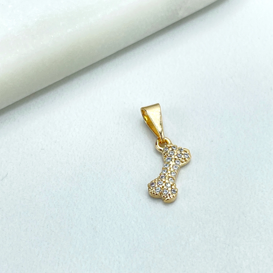 18k Gold Filled Clear Micro Cubic Zirconia Cute Petite Dog Bone Shape Charm, Wholesale