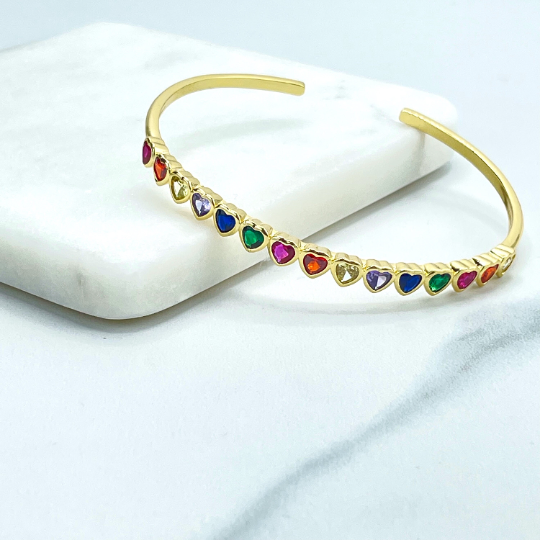18k Gold Filled Colorful Multicolor Heart Shape Cubic Zirconia Cuff Bangle Bracelet