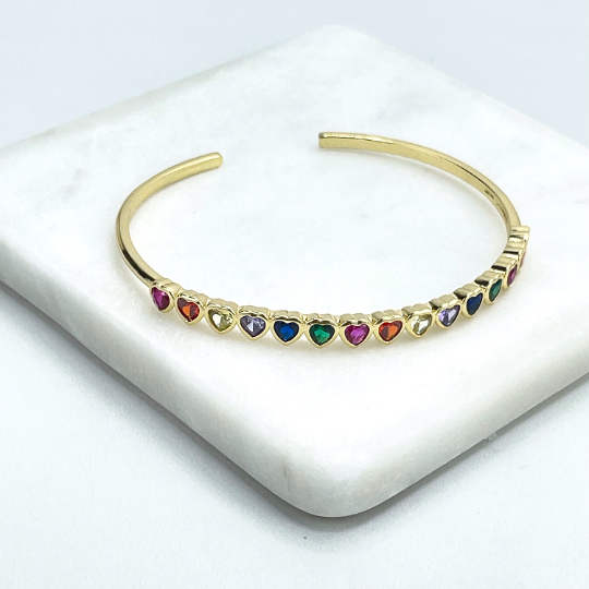 18k Gold Filled Colorful Multicolor Heart Shape Cubic Zirconia Cuff Bangle Bracelet, Wholesale