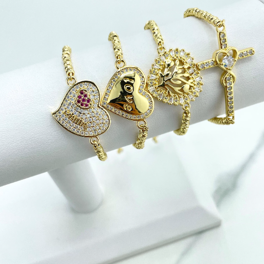 18k Gold Filled Box Chain & Gold Beads Slide Clasp Bracelet, with CZ Cross, CZ Love Heart, CZ Mama Heart or Baguette Tree Heart Charms, Wholesale