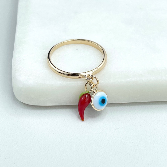 18k Gold Filled Dangle Evil Eyes and Red Chili Charms Lucky Protection Tiny Band Ring, Wholesale
